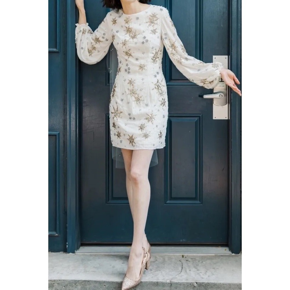 BHLDN Mercure Star Sequin Dress Long Sleeve Bridal White Ivory S 2 Wedding